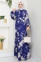 Flower and Figure Pattern Navy Blue Viscose Dress