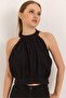Halter neck low back belted woven linen blouse black - 2