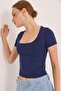 Square Neck Stretchy Cotton Knitted Blouse Navy Blue - 4