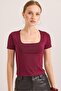 Square Neck Stretchy Cotton Knitted Blouse Burgundy - 4
