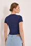 Square Neck Stretchy Cotton Knitted Blouse Navy Blue - 3