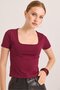 Square Neck Stretchy Cotton Knitted Blouse Burgundy - 5