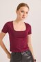 Square Neck Stretchy Cotton Knitted Blouse Burgundy - 3