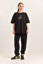 Print Detailed Short Sleeve Tracksuit Suit Black