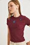 Star Detailed Corded Short Sleeve Crop Blouse Claret Red - 3