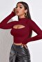 Women's Burgundy Low-Cut Long Sleeve Cut Out Crop Top Blouse - 4