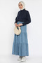 Blue Women's Elastic Waist Pleated Layered Hijab Denim Skirt - 2