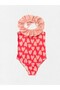 Girl's Pink Color Heart Patterned Ruffled Tight Woven Quick Dry Stretchy Swimsuit