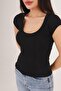 Oval Neck Short Sleeve Basic T-Shirt Black - 2