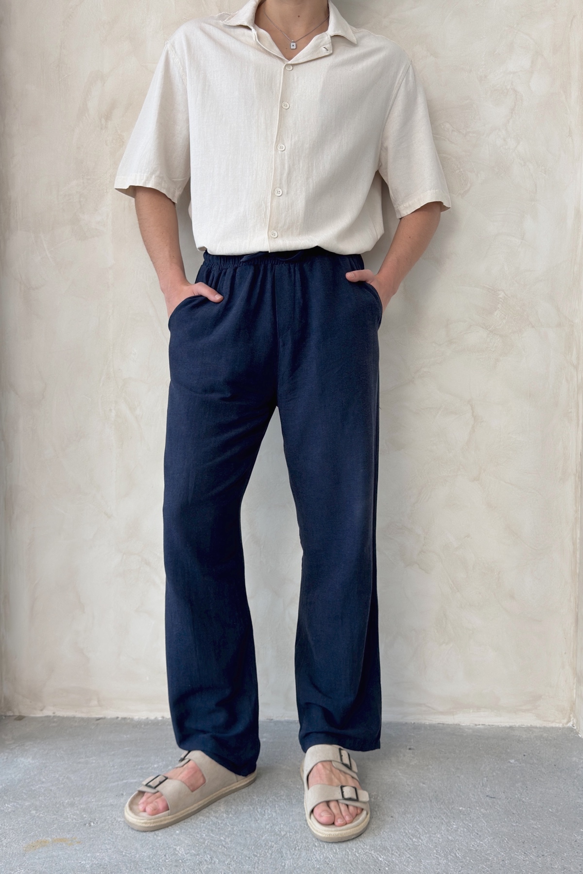 Men's Elastic Waist Baggy Fit Linen Trousers - 5