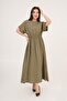 A-Line Short Sleeve Khaki Long Dress with Elastic Waist