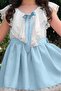Girl's V-Neck Shoulder and Hem Tip Lace Embroidered Blue Dress - 4