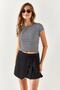 Women's Black Pleat Detailed Linen Shorts Skirt ETK-19000249 - 3