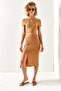 Women's Camel Top Crop Blouse Bottom Asymmetrical Slit Suit TKM-19000220 - 2