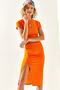 Women's Orange Top Crop Blouse Bottom Asymmetrical Slit Suit TKM-19000220 - 7