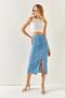 Women's Daisy Indigo Gathered Front Slit Knitted Skirt ETK-19000202 - 6