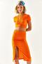 Women's Orange Top Crop Blouse Bottom Asymmetrical Slit Suit TKM-19000220 - 4