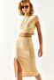 Women's Beige Top Crop Blouse Bottom Asymmetrical Slit Suit TKM-19000220 - 3