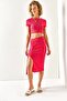 Women's Fuchsia Top Crop Blouse Bottom Asymmetrical Slit Suit TKM-19000220 - 3
