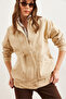 Women's Beige Pocketed Zippered Long Denim Jacket with Snap Fasteners Ckt-19000258 - 8