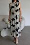 Ecru Contrast Patterned Halter Lined Long Premium Chiffon Dress - 5