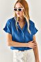 Women's Indigo Bat Oversize Linen Shirt GML-19001109 - 5