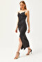 Women's Black Stone Strap Drape Detailed Back Zippered Scuba Dress AEL-00000001