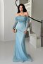 Baby Blue Boat Neck Stone-Embellished Evening Dress