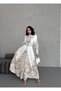 Women's White Atlas Fabric Ethnic Pattern Full Length Dress with Belt Njjennyetnk1 - 2