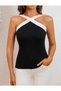 Women's Black and White Cross Strap Viscose Blouse – Stylish Summer Model with Terikoton Detail - 5