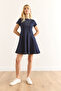 Women's Navy Blue Back Zipper Piece Bell Denim Dress Elb-19002400 - 2