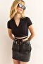 Women's Black Polo Neck Lacing Detailed Polyviscon Crop Blouse Blz-19002960