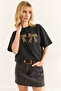 Women's Black Leopard Bow Detailed Boyfriend 2 Thread T-Shirt Tsh-19000846 - 3