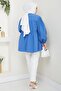 Stone Buttoned Gathered Cobalt Blue Shirt - 4