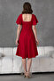 Sleeve Detailed Flexible Scuba Crepe Fabric Square Neck Midi Length Red Evening Dress Red Graduation Dress 082 - 3
