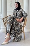 Belted Leaf Pattern Black Viscose Dress with Colorful Patches