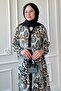 Belted Leaf Pattern Black Viscose Dress with Colorful Patches - 4
