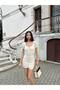 Women's Beige Buttoned Gathered Linen Mini Dress
