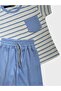 Boy's Cotton Blue Striped Pocket Waffle Fabric Short Sleeve Shorts Summer Suit - 3