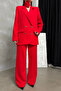 Women's Two-Piece Blazer Jacket Pants Suit Accessories Rose and Button Detail Loose Wide Leg - 7