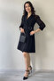 Women's Silver Buckle Long Sleeve Pleated Jacket Dress Black, Navy Blue - 3
