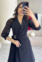 Women's Silver Buckle Long Sleeve Pleated Jacket Dress Black, Navy Blue - 2
