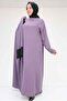57206 Large Size Garni Detailed Etamin Dress Abaya - Lilac-Black - 5