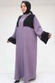 57206 Large Size Garni Detailed Etamin Dress Abaya - Lilac-Black