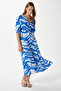 Women's Katy Blue White Elastic Waist Slit Viscose Summer Dress - 6