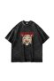 Roar Meets Printed Oversize Unisex Washable Black Tshirt