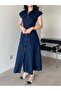 Navy Blue Button Detailed Belted Dress - 3