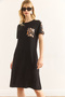 Women's Black Leopard Garnished Crew Neck Dress Elb-19002396