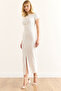 Women's Ecru Button Accessory Slit Slim Corduroy Dress Elb-19002390