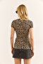 Women Leopard Beige V Metal Detailed Flexible Cotton Blouse Blz-19002921 - 2